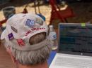 Todd Gritzer KK6FSZ and his Field Day pin-laden hat at K6ORI, the Lamorinda Area Radio Interest Group, on June 22, 2019, Lafayette Ridge, California.  (KM6ORH photo)